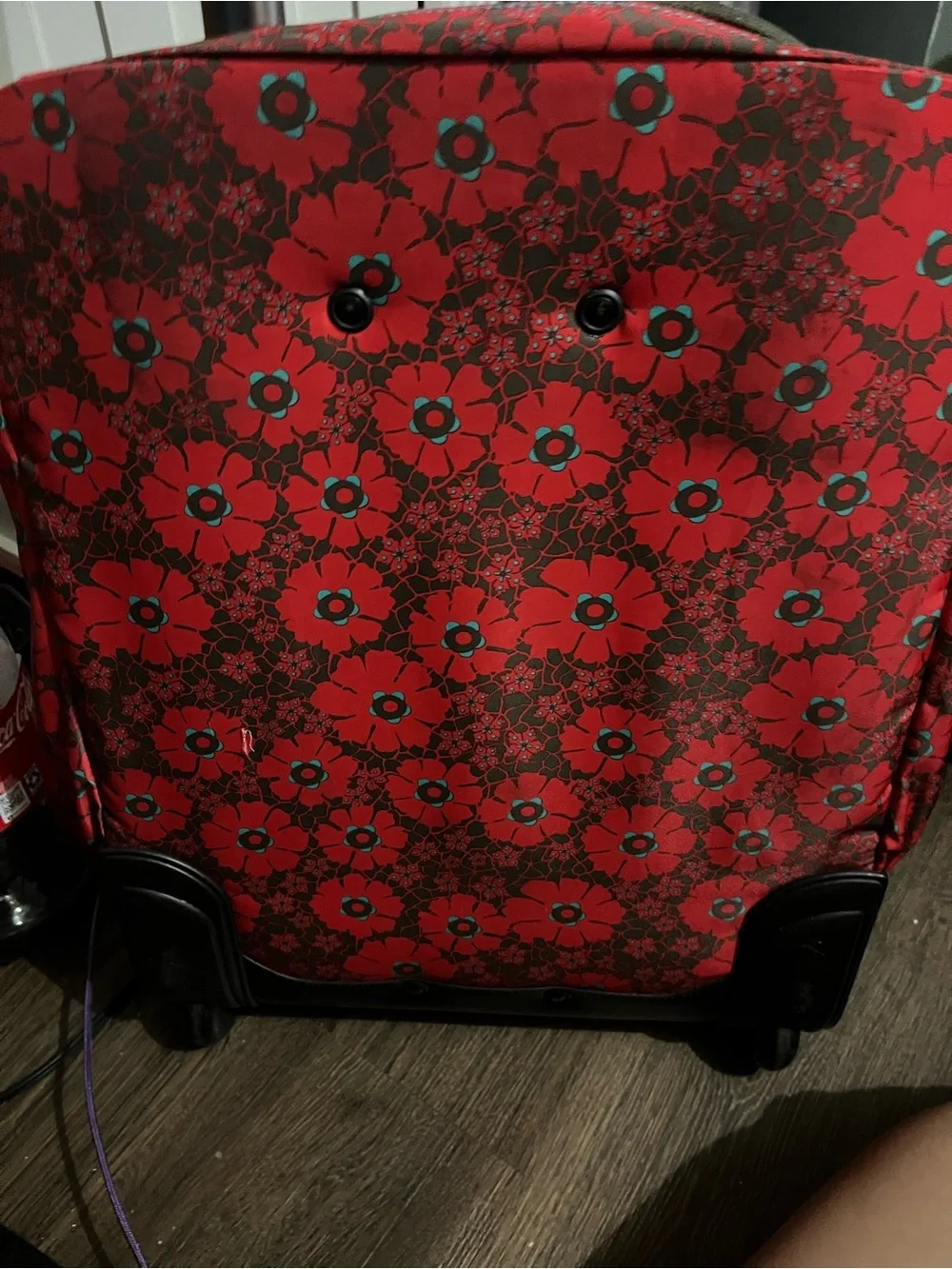 Harajuku Lovers Red Floral Rolling Travel Tote with Teal Accents
